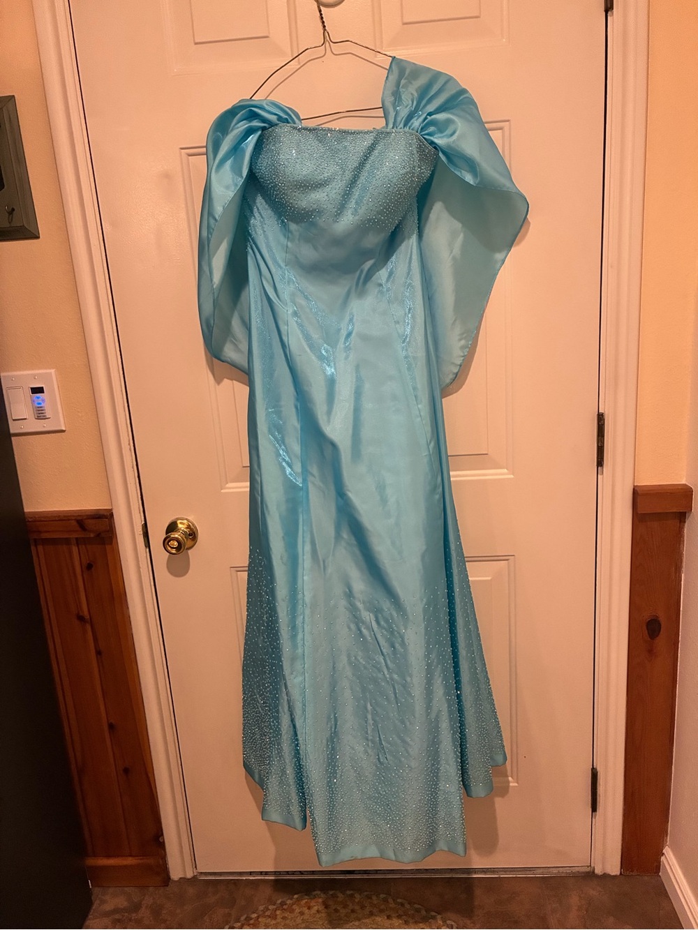 Light Blue Hand-beaded Strapless Evening Gown with detachable belt and sash